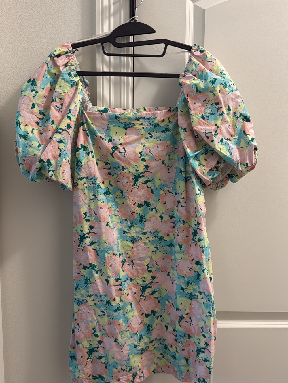 Floral Puff Sleeve Mini Dress in Pastel Pink & Aqua